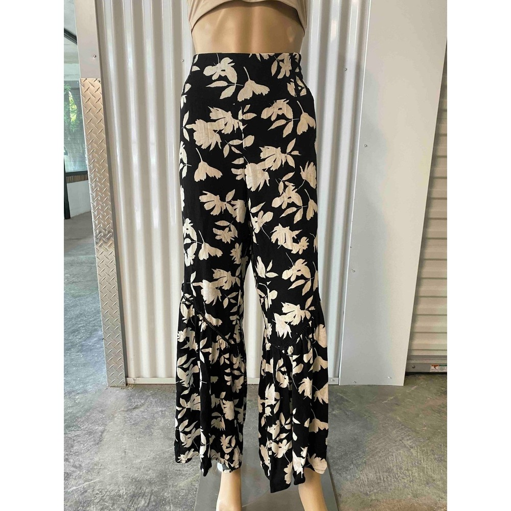 Cato Womens Large Black Floral Wide Leg Palazzo Pants Boho Tiered Ruffle Rayon